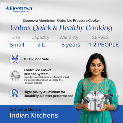 Eleenova Vintage Aluminium Pressure Cooker 2 L|World First Pressure Cooker with Spill Bowl - Patent Applied| Gas Stove Compatiable | 5 Year Warranty | Superior Quality Aluminium | ISI Certified | Food Safe Nitrile Gasket | Outer Lid -Alu 2 L