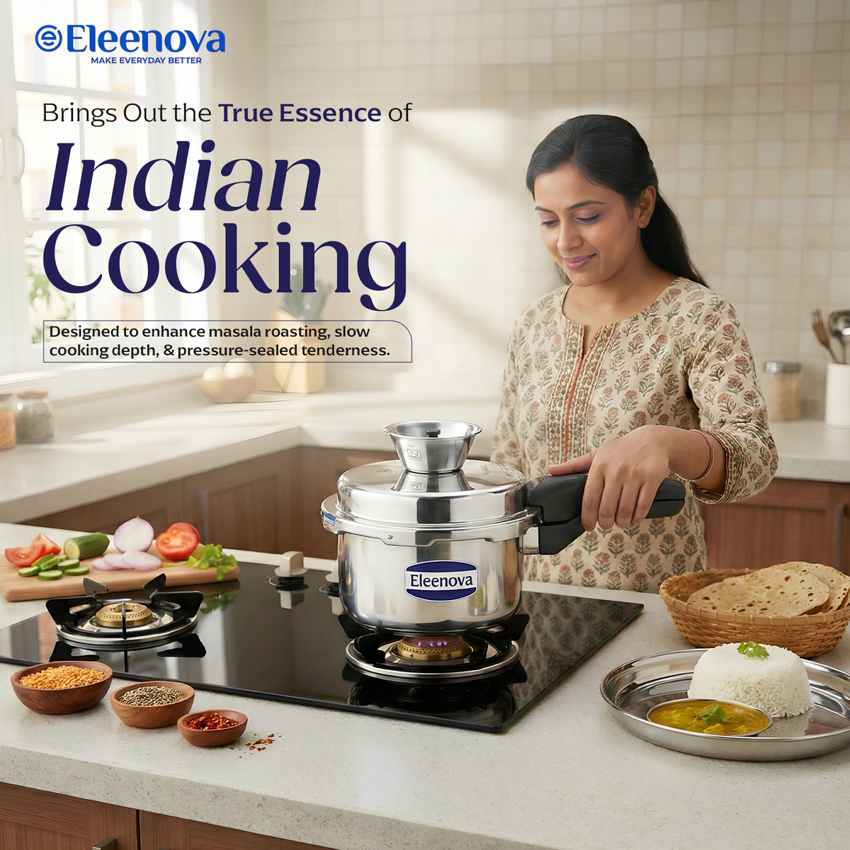 Eleenova Triply Pressure Cooker 2 L | World's First Pressure Cooker with Spill Bowl -Patent Applied | 5 Year Warranty | ISI Certified | Tri Ply Stainless Steel Body | Metallic Safety Plug | Food Safe Nitrile Gasket | Serves 2-3 People