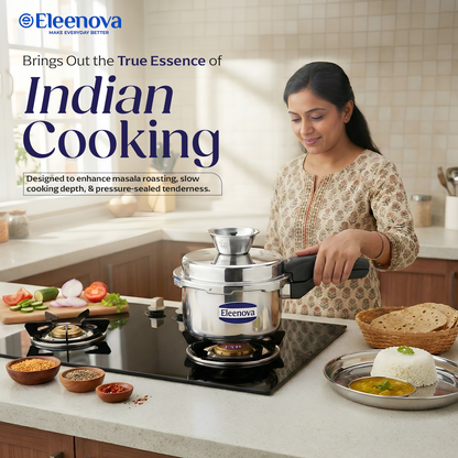 Eleenova Triply Pressure Cooker 2 L | World's First Pressure Cooker with Spill Bowl -Patent Applied | 5 Year Warranty | ISI Certified | Tri Ply Stainless Steel Body | Metallic Safety Plug | Food Safe Nitrile Gasket | Serves 2-3 People
