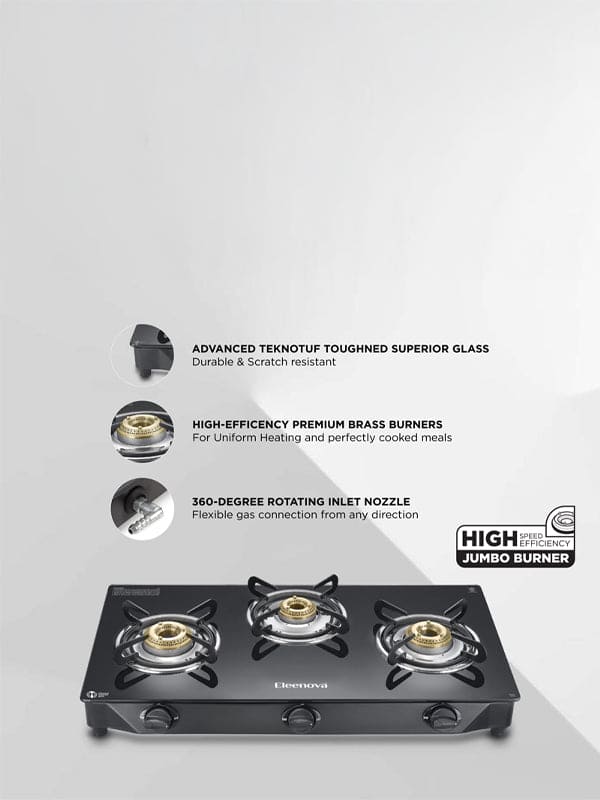Reflex Glasstop Gas Stove With 3 Brass Burners