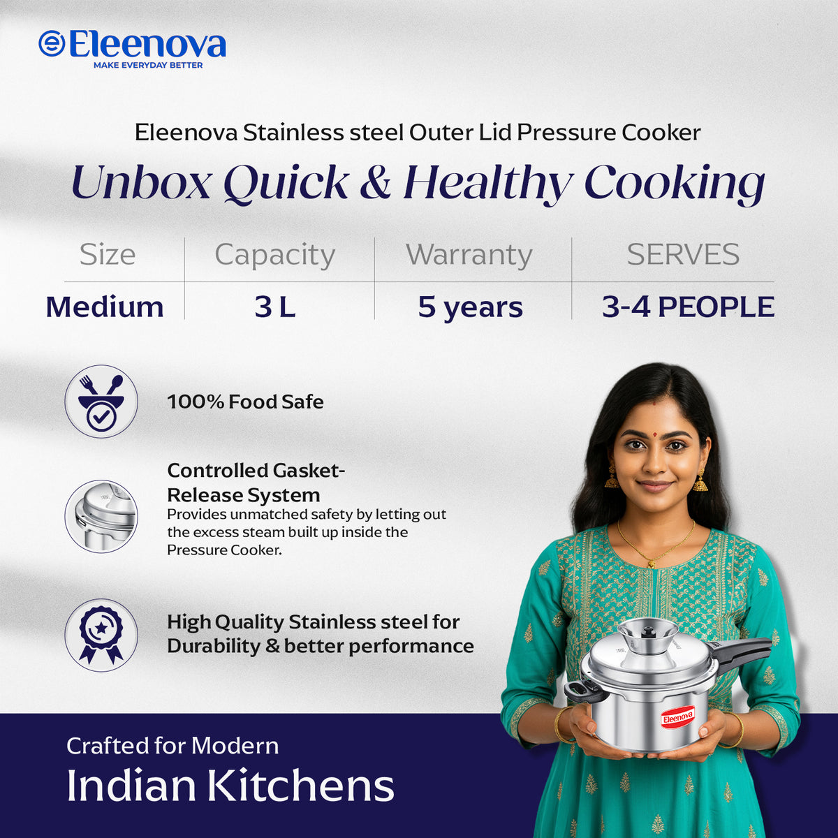 Eleenova Stainless Steel Pressure Cooker 3 L | World's First Pressure Cooker with Spill Bowl- Patent Applied | 5 Year Warranty | ISI Certified | High Quality Stainless Steel | Metallic Safety Plug | Food Safe Nitrile Gasket | Serves 3-4 People