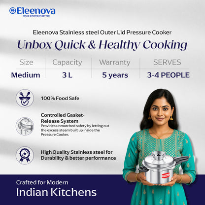 Eleenova Stainless Steel Pressure Cooker 3 L | World's First Pressure Cooker with Spill Bowl- Patent Applied | 5 Year Warranty | ISI Certified | High Quality Stainless Steel | Metallic Safety Plug | Food Safe Nitrile Gasket | Serves 3-4 People