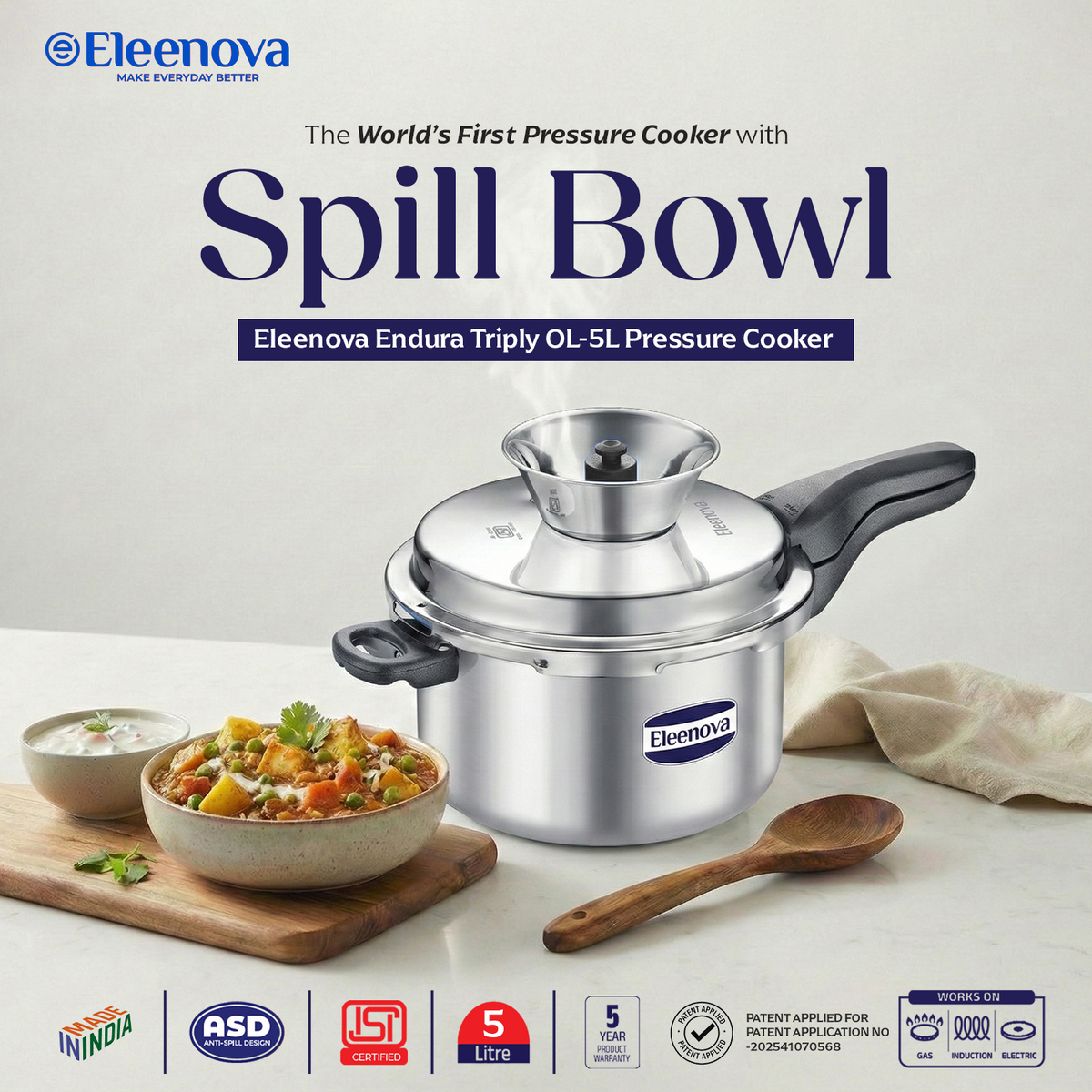 Eleenova Triply Pressure Cooker 5 L | World's First Pressure Cooker with Spill Bowl-Patent Applied | 5 Year Warranty | ISI Certified| Tri Ply Stainless Steel Body | Metallic Safety Plug| Food Safe Nitrile Gasket | Serves 4-6 People