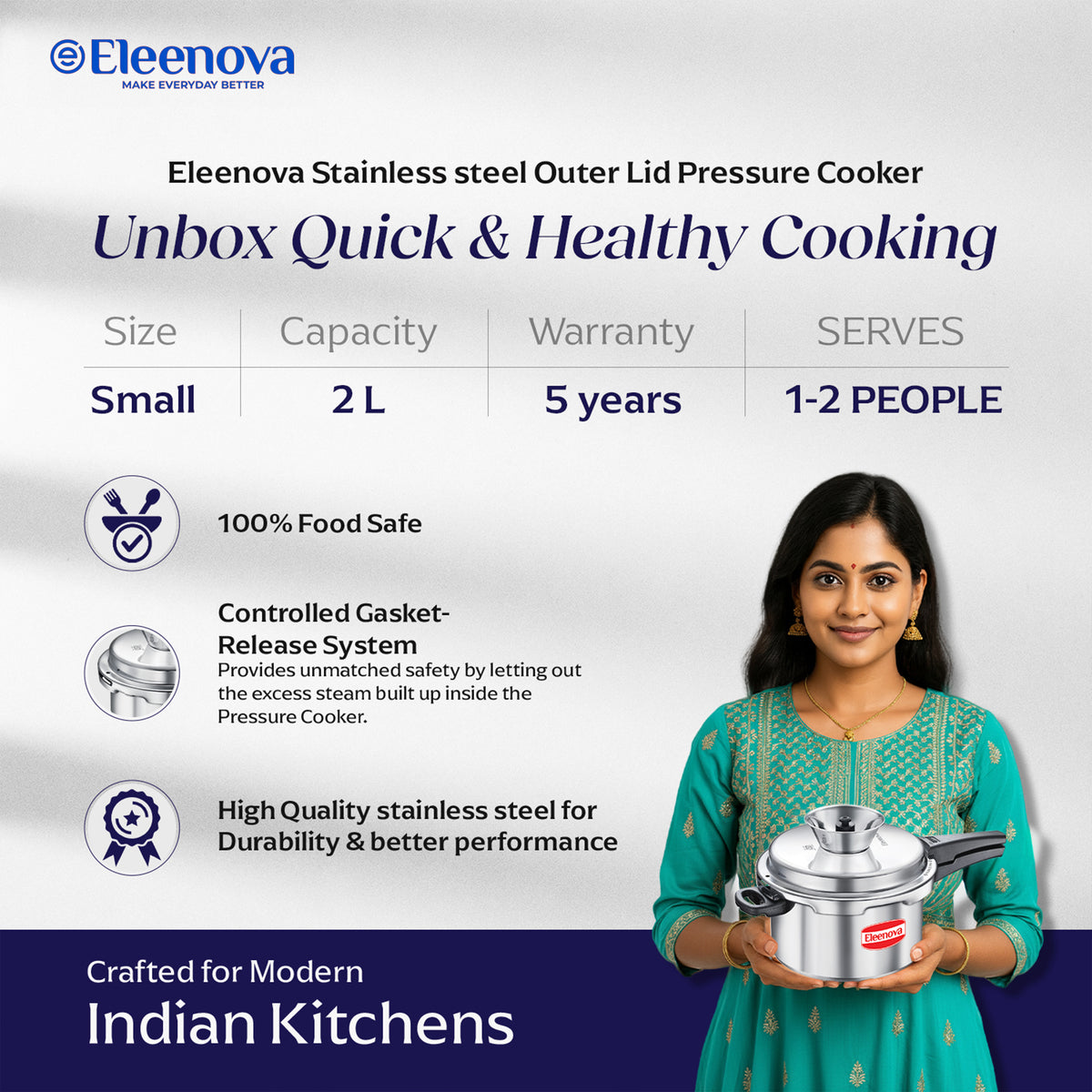 Eleenova Stainless Steel Pressure Cooker 2 L | World's First Pressure Cooker with Spill Bowl - Patent Applied | 5 Year Warranty | ISI Certified| High Quality Stainless Steel | Metallic Safety Plug | Food Safe Nitrile Gasket | Serves 2-3 People