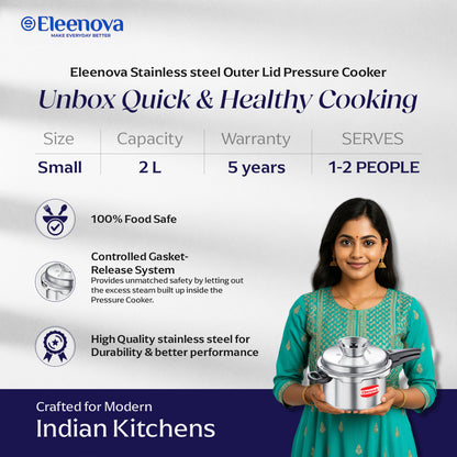 Eleenova Stainless Steel Pressure Cooker 2 L | World's First Pressure Cooker with Spill Bowl - Patent Applied | 5 Year Warranty | ISI Certified| High Quality Stainless Steel | Metallic Safety Plug | Food Safe Nitrile Gasket | Serves 2-3 People