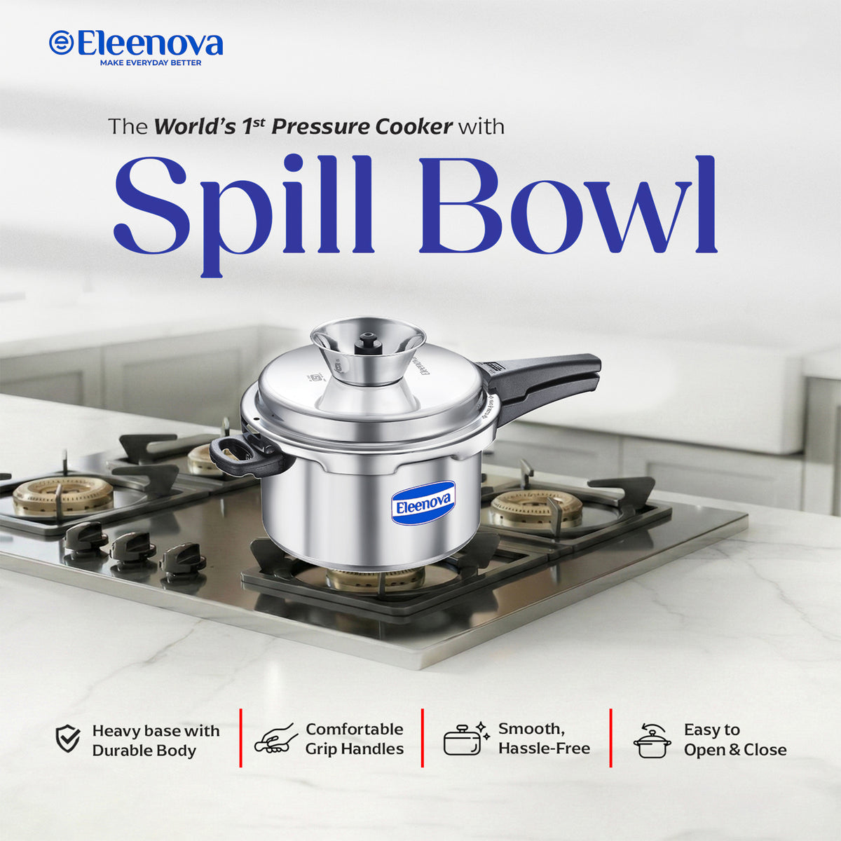 Eleenova Vintage  Pressure Cooker Aluminium 5 L | World's First Pressure Cooker with Spill Bowl-- Patent Applied | 5 Year Warranty | ISI Certified | Patented Applied | Superior Quality Aluminium | Food Safe Nitrile Gasket | Serves 4-6 People