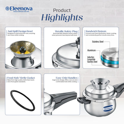 Eleenova Legacy Handi Pressure Cooker 3 L | World's First Pressure Cooker with Spill Bowl-Patent Applied | 5 Year Warranty | ISI Certified| Metallic Safety Plug | Food Safe Nitrile Gasket | Gas and induction Friendly | Serves 3-4 People