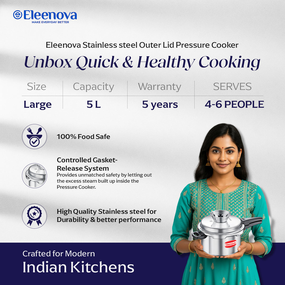 Eleenova Stainless Steel Pressure Cooker 5 L | World's First Pressure Cooker with Spill Bowl - Patent Applied | 5 Year Warranty | ISI Certified | High Quality Stainless Steel | Metallic Safety Plug| Food Safe Nitrile Gasket | Serves 4-6 People
