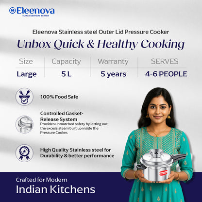 Eleenova Stainless Steel Pressure Cooker 5 L | World's First Pressure Cooker with Spill Bowl - Patent Applied | 5 Year Warranty | ISI Certified | High Quality Stainless Steel | Metallic Safety Plug| Food Safe Nitrile Gasket | Serves 4-6 People