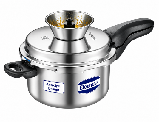Eleenova Triply Pressure Cooker 5 L | World's First Pressure Cooker with Spill Bowl-Patent Applied | 5 Year Warranty | ISI Certified| Tri Ply Stainless Steel Body | Metallic Safety Plug| Food Safe Nitrile Gasket | Serves 4-6 People