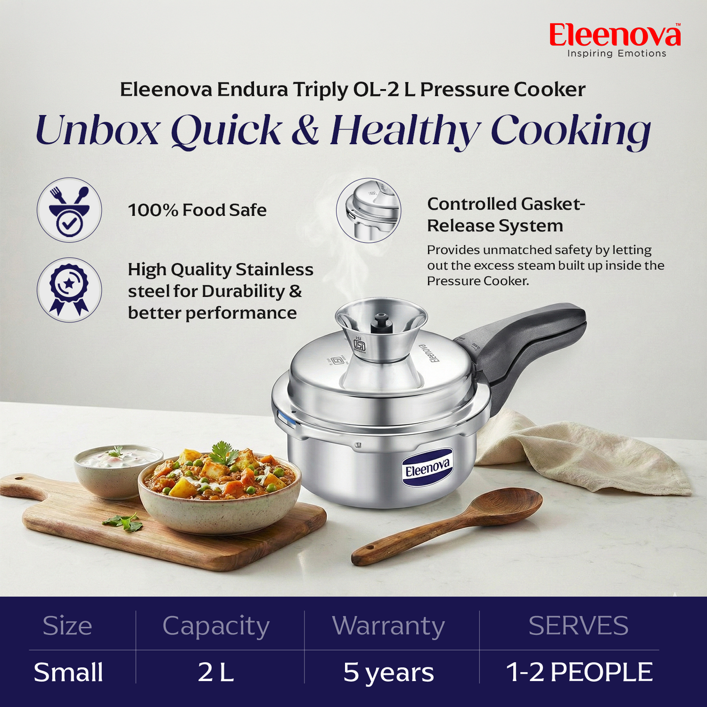 Eleenova Triply Pressure Cooker 2 L | World's First Pressure Cooker with Spill Bowl -Patent Applied | 5 Year Warranty | ISI Certified | Tri Ply Stainless Steel Body | Metallic Safety Plug | Food Safe Nitrile Gasket | Serves 2-3 People