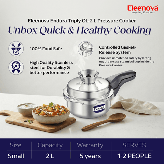 Eleenova Triply Pressure Cooker 2 L | World's First Pressure Cooker with Spill Bowl -Patent Applied | 5 Year Warranty | ISI Certified | Tri Ply Stainless Steel Body | Metallic Safety Plug | Food Safe Nitrile Gasket | Serves 2-3 People