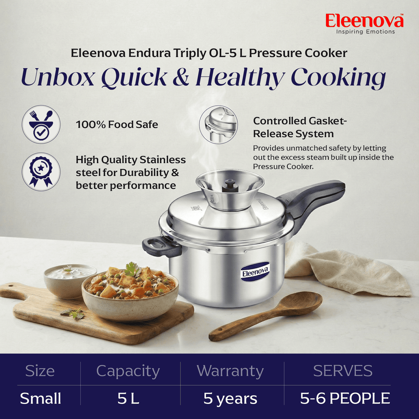 Eleenova Triply Pressure Cooker 5 L | World's First Pressure Cooker with Spill Bowl-Patent Applied | 5 Year Warranty | ISI Certified| Tri Ply Stainless Steel Body | Metallic Safety Plug| Food Safe Nitrile Gasket | Serves 4-6 People