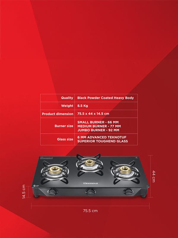 Reflex Glasstop Gas Stove With 3 Brass Burners