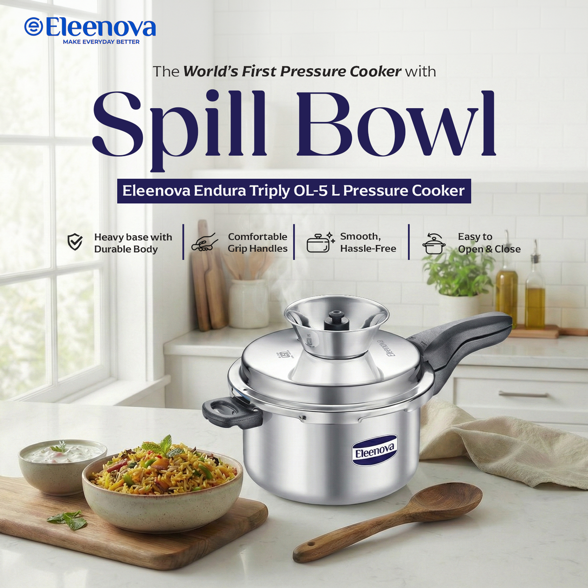 Eleenova Triply Pressure Cooker 5 L | World's First Pressure Cooker with Spill Bowl-Patent Applied | 5 Year Warranty | ISI Certified| Tri Ply Stainless Steel Body | Metallic Safety Plug| Food Safe Nitrile Gasket | Serves 4-6 People