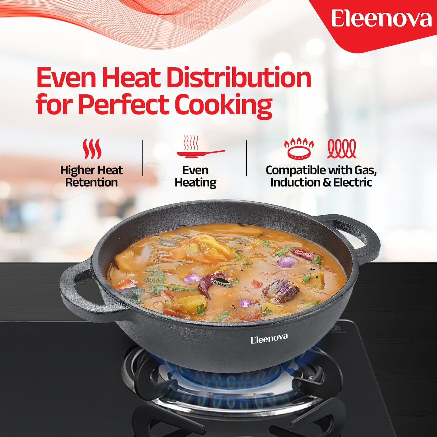 Eleenova Shakti Cast Iron Cookware - Kadai with Lid 24 cm