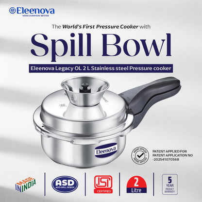 Eleenova Stainless Steel Pressure Cooker 2 L | World's First Pressure Cooker with Spill Bowl - Patent Applied | 5 Year Warranty | ISI Certified| High Quality Stainless Steel | Metallic Safety Plug | Food Safe Nitrile Gasket | Serves 2-3 People