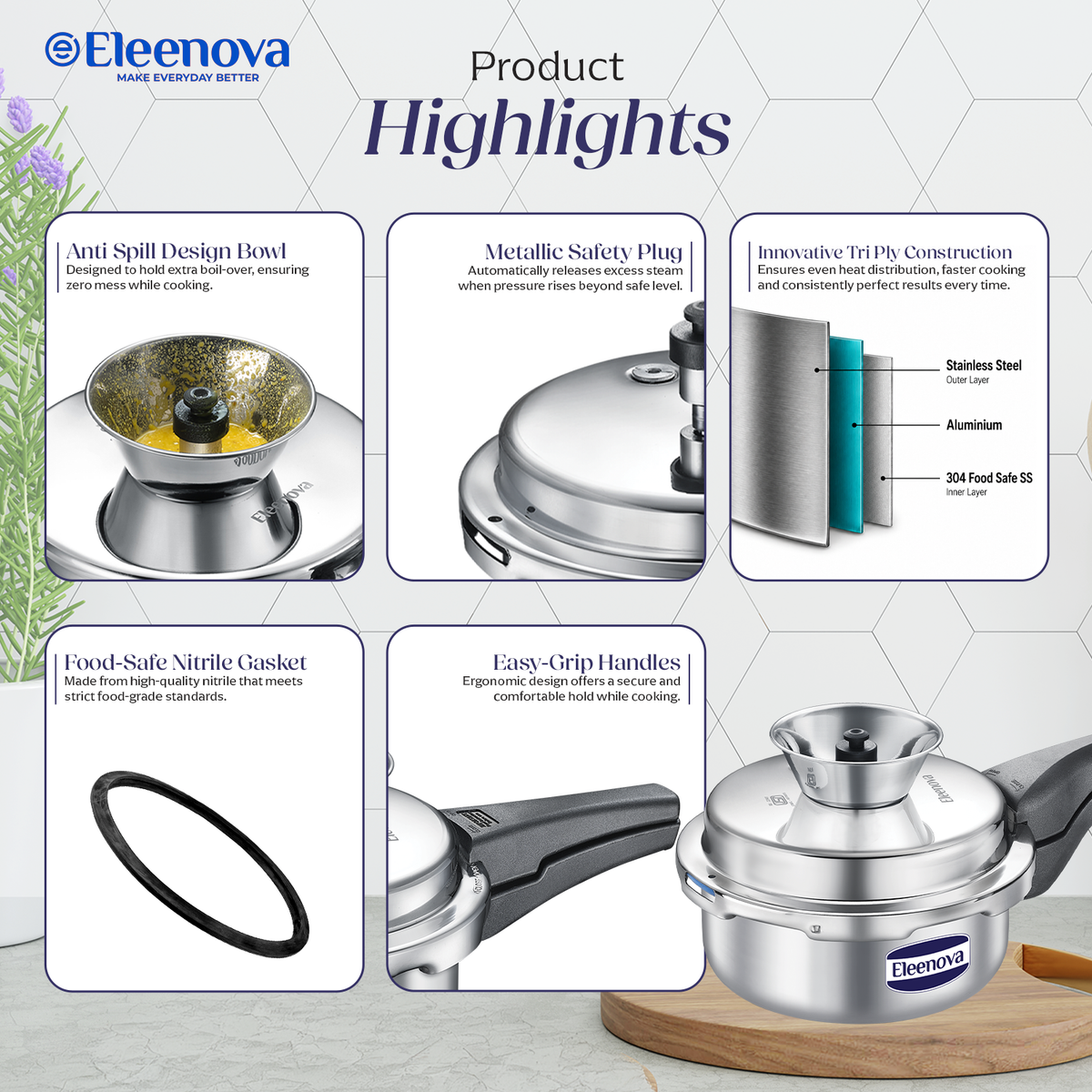 Eleenova Triply Pressure Cooker 2 L | World's First Pressure Cooker with Spill Bowl -Patent Applied | 5 Year Warranty | ISI Certified | Tri Ply Stainless Steel Body | Metallic Safety Plug | Food Safe Nitrile Gasket | Serves 2-3 People