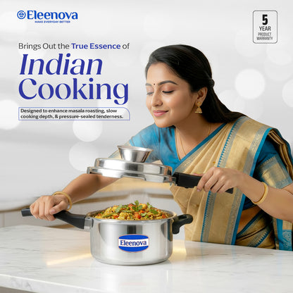 Eleenova Vintage  Pressure Cooker Aluminium 5 L | World's First Pressure Cooker with Spill Bowl-- Patent Applied | 5 Year Warranty | ISI Certified | Patented Applied | Superior Quality Aluminium | Food Safe Nitrile Gasket | Serves 4-6 People