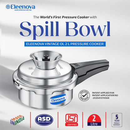 Eleenova Vintage Aluminium Pressure Cooker 2 L|World First Pressure Cooker with Spill Bowl - Patent Applied| Gas Stove Compatiable | 5 Year Warranty | Superior Quality Aluminium | ISI Certified | Food Safe Nitrile Gasket | Outer Lid -Alu 2 L