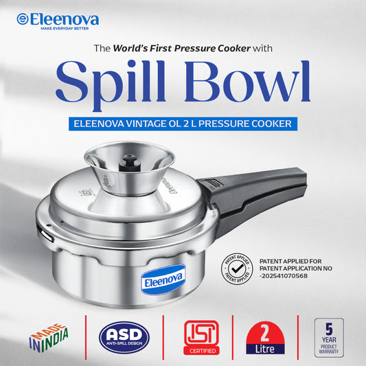 Eleenova Vintage Aluminium Pressure Cooker 2 L|World First Pressure Cooker with Spill Bowl - Patent Applied| Gas Stove Compatiable | 5 Year Warranty | Superior Quality Aluminium | ISI Certified | Food Safe Nitrile Gasket | Outer Lid -Alu 2 L