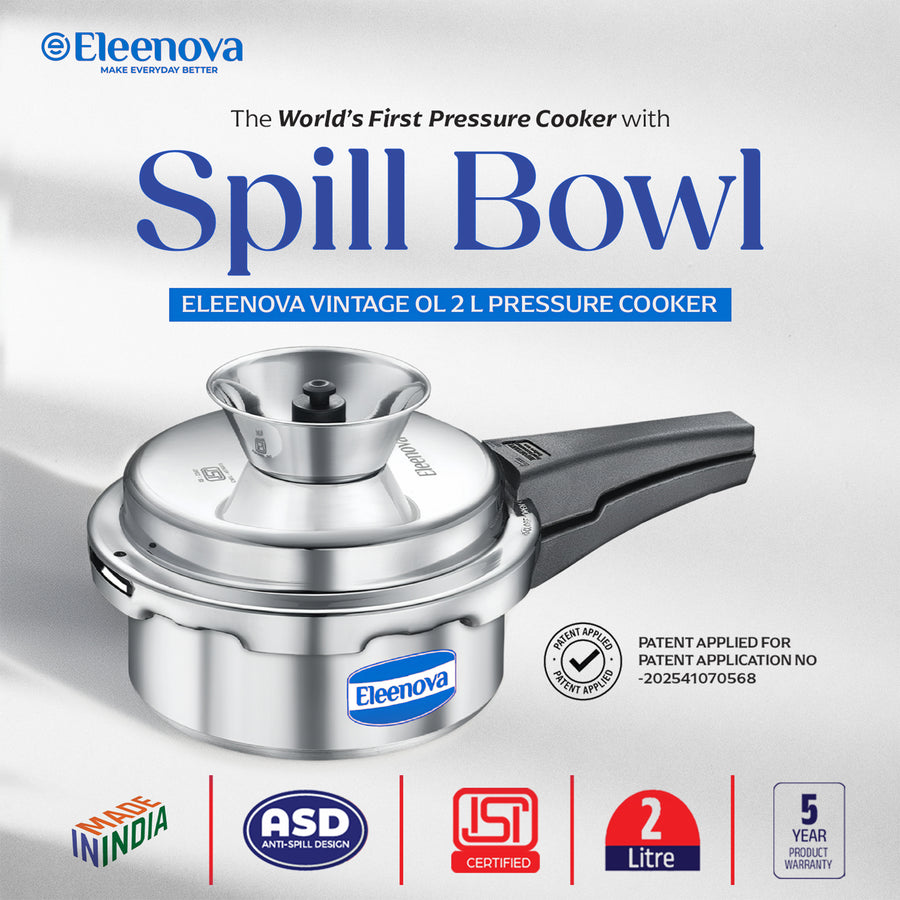 Eleenova Vintage Aluminium Pressure Cooker 2 L|World First Pressure Cooker with Spill Bowl - Patent Applied| Gas Stove Compatiable | 5 Year Warranty | Superior Quality Aluminium | ISI Certified | Food Safe Nitrile Gasket | Outer Lid -Alu 2 L
