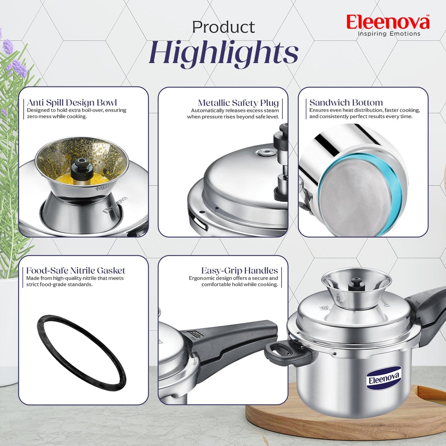 Eleenova Triply Pressure Cooker 3 L | World's First Pressure Cooker with Spill Bowl-Patent Applied  | 5 Year Warranty | ISI Certified | Tri Ply Stainless Steel Body | Metallic Safety Plug | Food Safe Nitrile Gasket | Serves 3-4 People