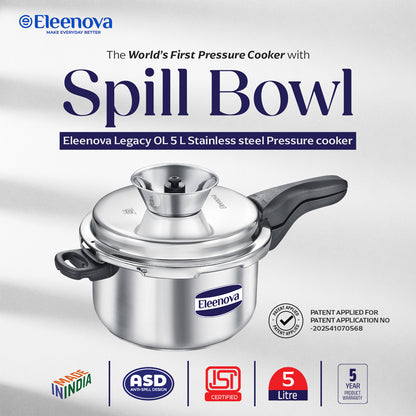 Eleenova Stainless Steel Pressure Cooker 5 L | World's First Pressure Cooker with Spill Bowl - Patent Applied | 5 Year Warranty | ISI Certified | High Quality Stainless Steel | Metallic Safety Plug| Food Safe Nitrile Gasket | Serves 4-6 People