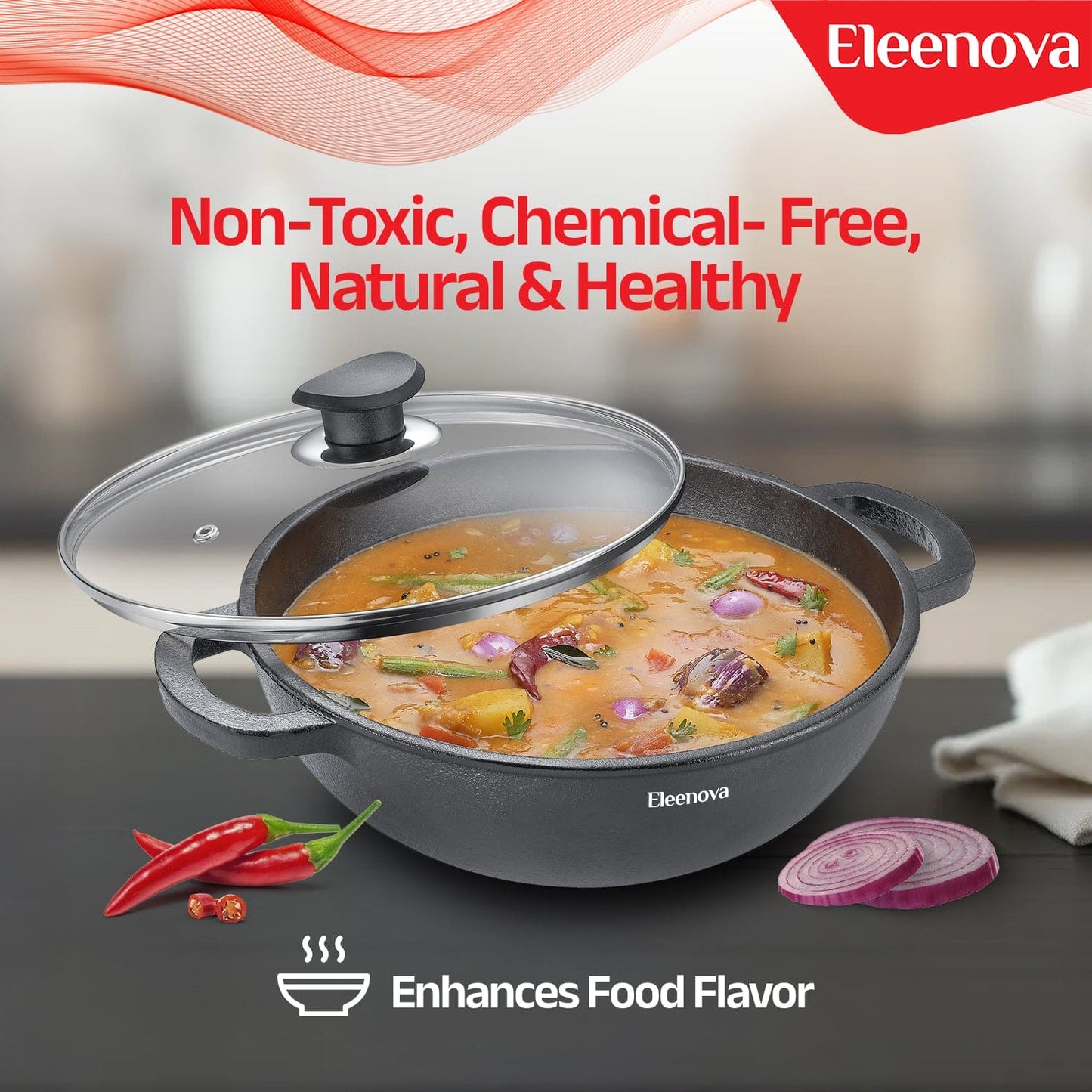 Eleenova Shakti Cast Iron Cookware - Kadai with Lid 24 cm