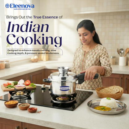 Eleenova Triply Pressure Cooker 5 L | World's First Pressure Cooker with Spill Bowl-Patent Applied | 5 Year Warranty | ISI Certified| Tri Ply Stainless Steel Body | Metallic Safety Plug| Food Safe Nitrile Gasket | Serves 4-6 People