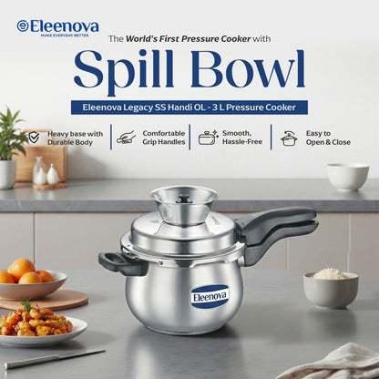 Eleenova Legacy Handi Pressure Cooker 3 L | World's First Pressure Cooker with Spill Bowl-Patent Applied | 5 Year Warranty | ISI Certified| Metallic Safety Plug | Food Safe Nitrile Gasket | Gas and induction Friendly | Serves 3-4 People