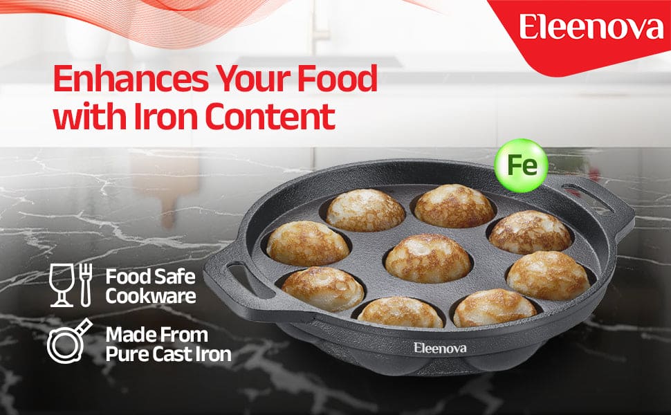 Eleenova Shakti Cast Iron Cookware - Appapatra 9 Pits 20 cm