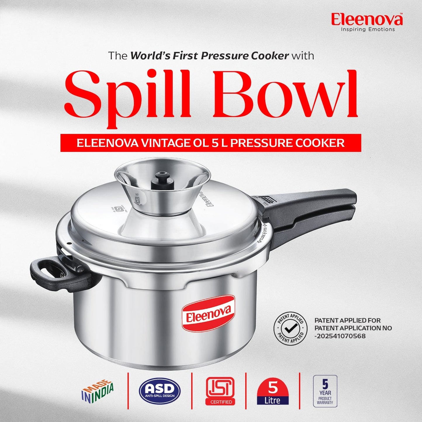 Eleenova Anti-Spill Vintage Aluminium Pressure Cooker -5 L | Worlds First Anti Spill Design | Gas Compatiable | 5 Year Product Warranty | ISI Certified | Superior Quality Aluminium