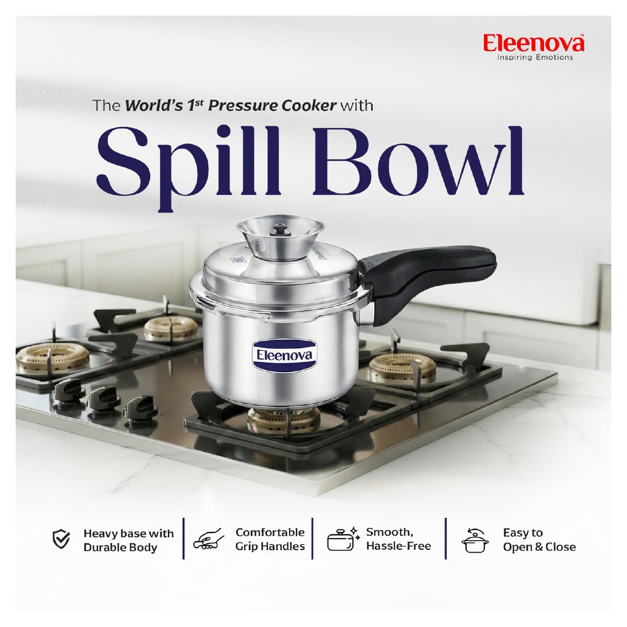 Eleenova Stainless Steel Pressure Cooker 3 L | World's First Pressure Cooker with Spill Bowl- Patent Applied | 5 Year Warranty | ISI Certified | High Quality Stainless Steel | Metallic Safety Plug | Food Safe Nitrile Gasket | Serves 3-4 People