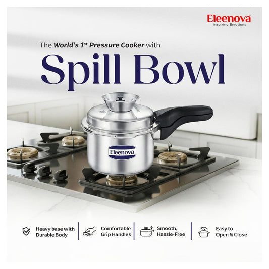 Eleenova Stainless Steel Pressure Cooker 3 L | World's First Pressure Cooker with Spill Bowl- Patent Applied | 5 Year Warranty | ISI Certified | High Quality Stainless Steel | Metallic Safety Plug | Food Safe Nitrile Gasket | Serves 3-4 People