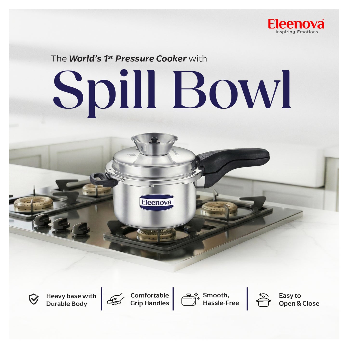 Eleenova Stainless Steel Pressure Cooker 5 L | World's First Pressure Cooker with Spill Bowl - Patent Applied | 5 Year Warranty | ISI Certified | High Quality Stainless Steel | Metallic Safety Plug| Food Safe Nitrile Gasket | Serves 4-6 People