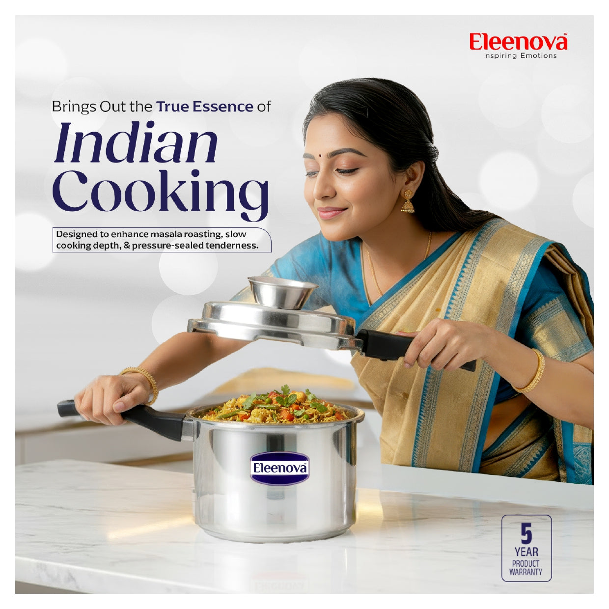 Eleenova Stainless Steel Pressure Cooker 3 L | World's First Pressure Cooker with Spill Bowl- Patent Applied | 5 Year Warranty | ISI Certified | High Quality Stainless Steel | Metallic Safety Plug | Food Safe Nitrile Gasket | Serves 3-4 People