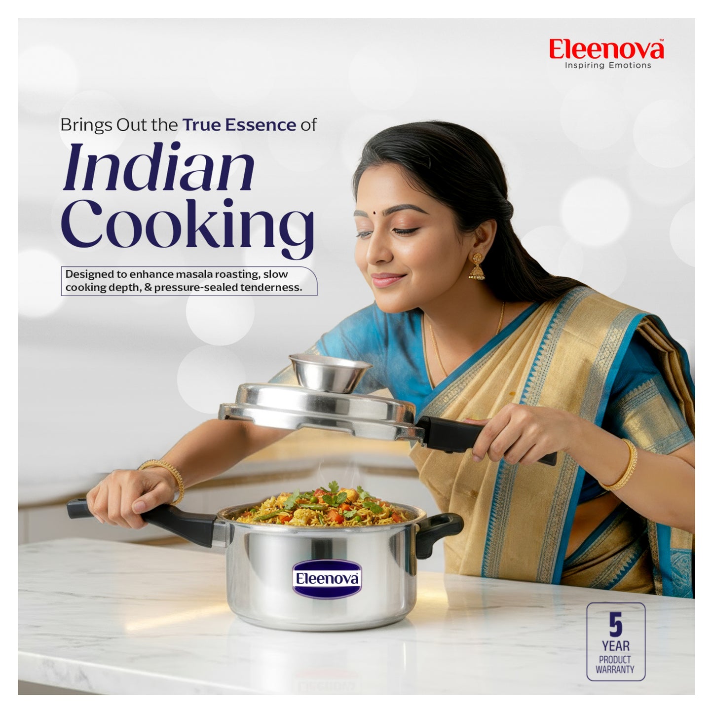 Eleenova Stainless Steel Pressure Cooker 5 L | World's First Pressure Cooker with Spill Bowl - Patent Applied | 5 Year Warranty | ISI Certified | High Quality Stainless Steel | Metallic Safety Plug| Food Safe Nitrile Gasket | Serves 4-6 People