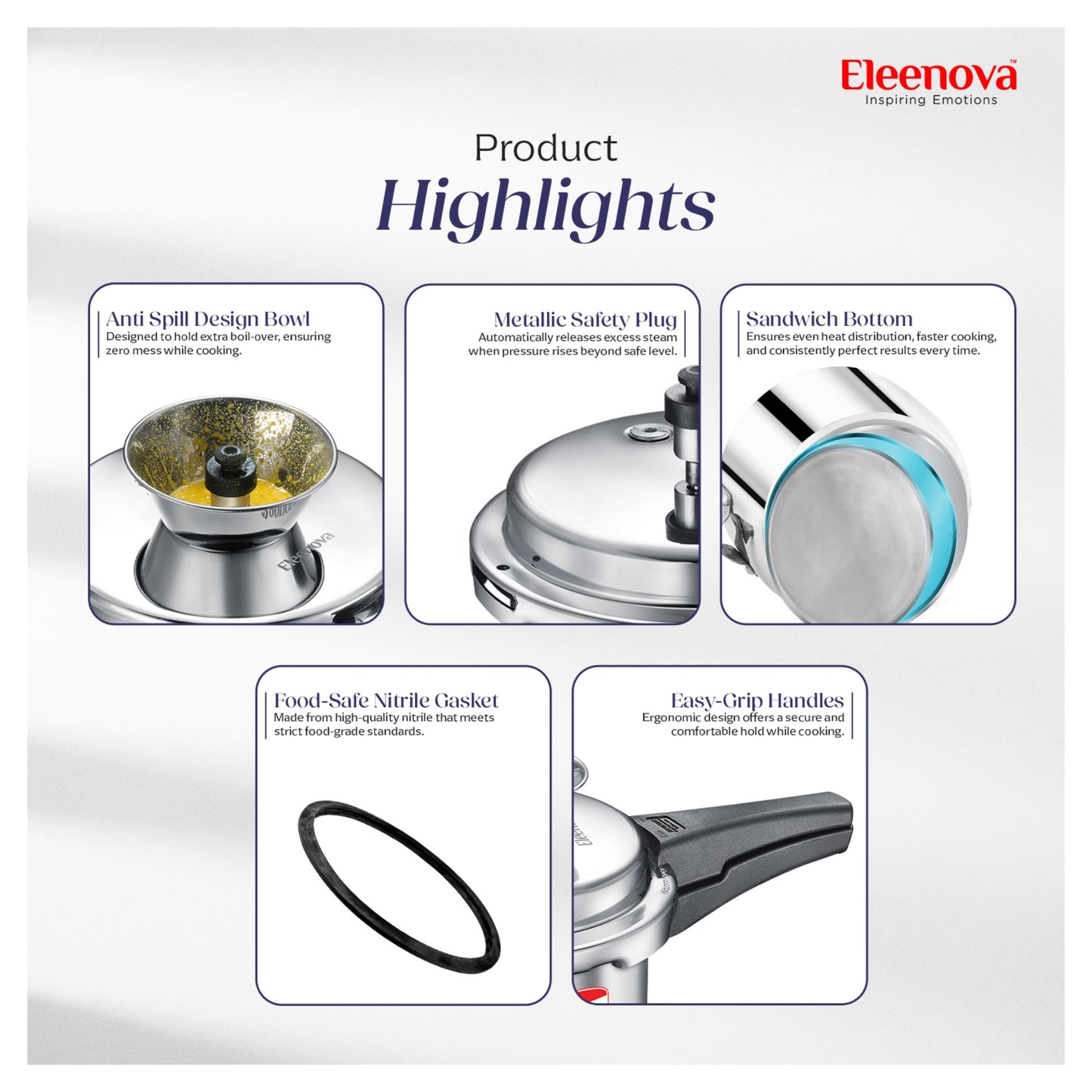 Eleenova Stainless Steel Pressure Cooker 5 L | World's First Pressure Cooker with Spill Bowl - Patent Applied | 5 Year Warranty | ISI Certified | High Quality Stainless Steel | Metallic Safety Plug| Food Safe Nitrile Gasket | Serves 4-6 People
