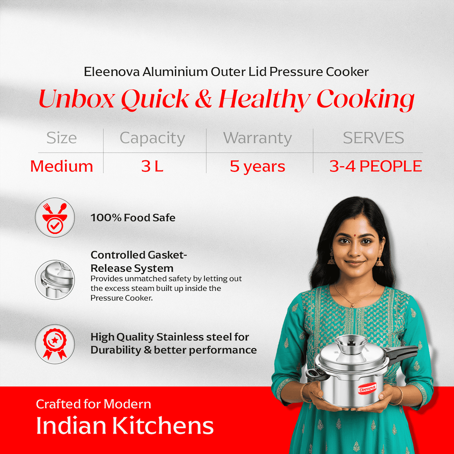 Eleenova Anti-Spill Vintage Aluminium Pressure Cooker -3 L | Worlds First Anti Spill Design | Gas Compatiable | 5 Year Product Warranty | ISI Certified | Superior Quality Aluminium