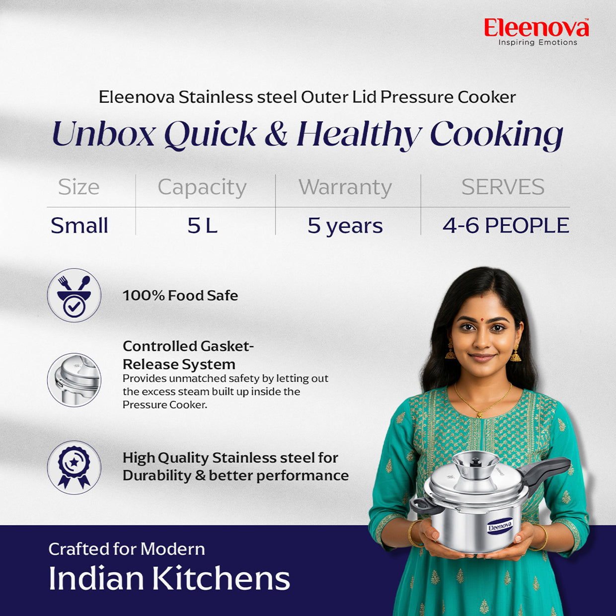 Eleenova Stainless Steel Pressure Cooker 5 L | World's First Pressure Cooker with Spill Bowl - Patent Applied | 5 Year Warranty | ISI Certified | High Quality Stainless Steel | Metallic Safety Plug| Food Safe Nitrile Gasket | Serves 4-6 People