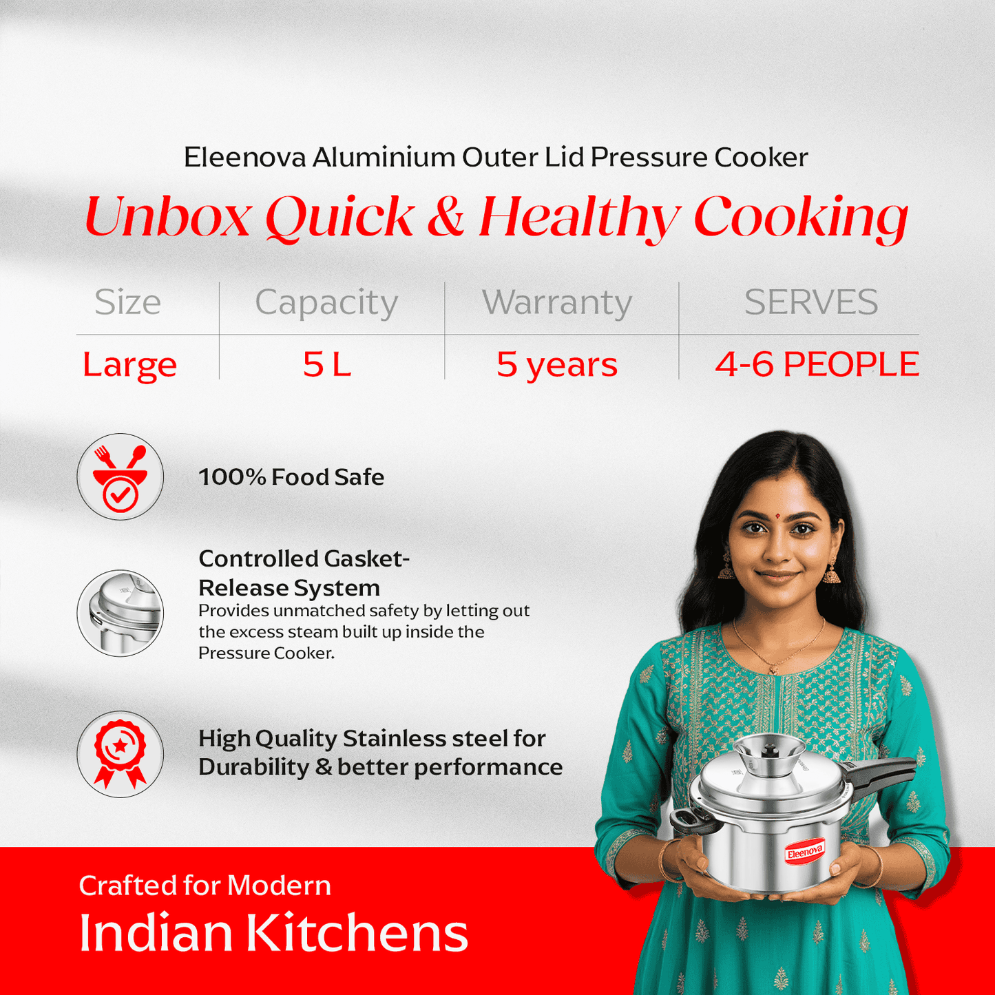 Eleenova Anti-Spill Vintage Aluminium Pressure Cooker -5 L | Worlds First Anti Spill Design | Gas Compatiable | 5 Year Product Warranty | ISI Certified | Superior Quality Aluminium