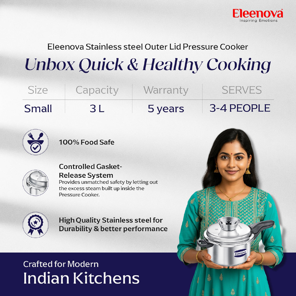 Eleenova Stainless Steel Pressure Cooker 3 L | World's First Pressure Cooker with Spill Bowl- Patent Applied | 5 Year Warranty | ISI Certified | High Quality Stainless Steel | Metallic Safety Plug | Food Safe Nitrile Gasket | Serves 3-4 People