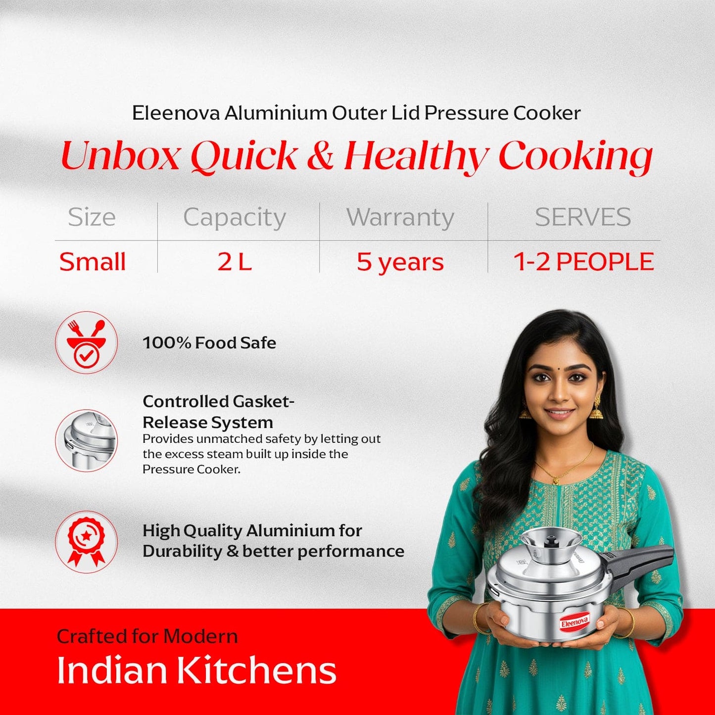 Eleenova Anti-Spill Vintage Aluminium Pressure Cooker -2 L | Worlds First Anti Spill Design | Gas Compatiable | 5 Year Product Warranty | ISI Certified | Superior Quality Aluminium