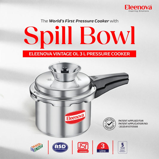 Eleenova Vintage Aluminium Pressure Cooker -3 L | World's First Pressure Cooker with Spill Bowl- Patent Applied | 5 Year Warranty | ISI Certified | Patented Applied | Superior Quality Aluminium | Food Safe Nitrile Gasket | Serves 3-4 People