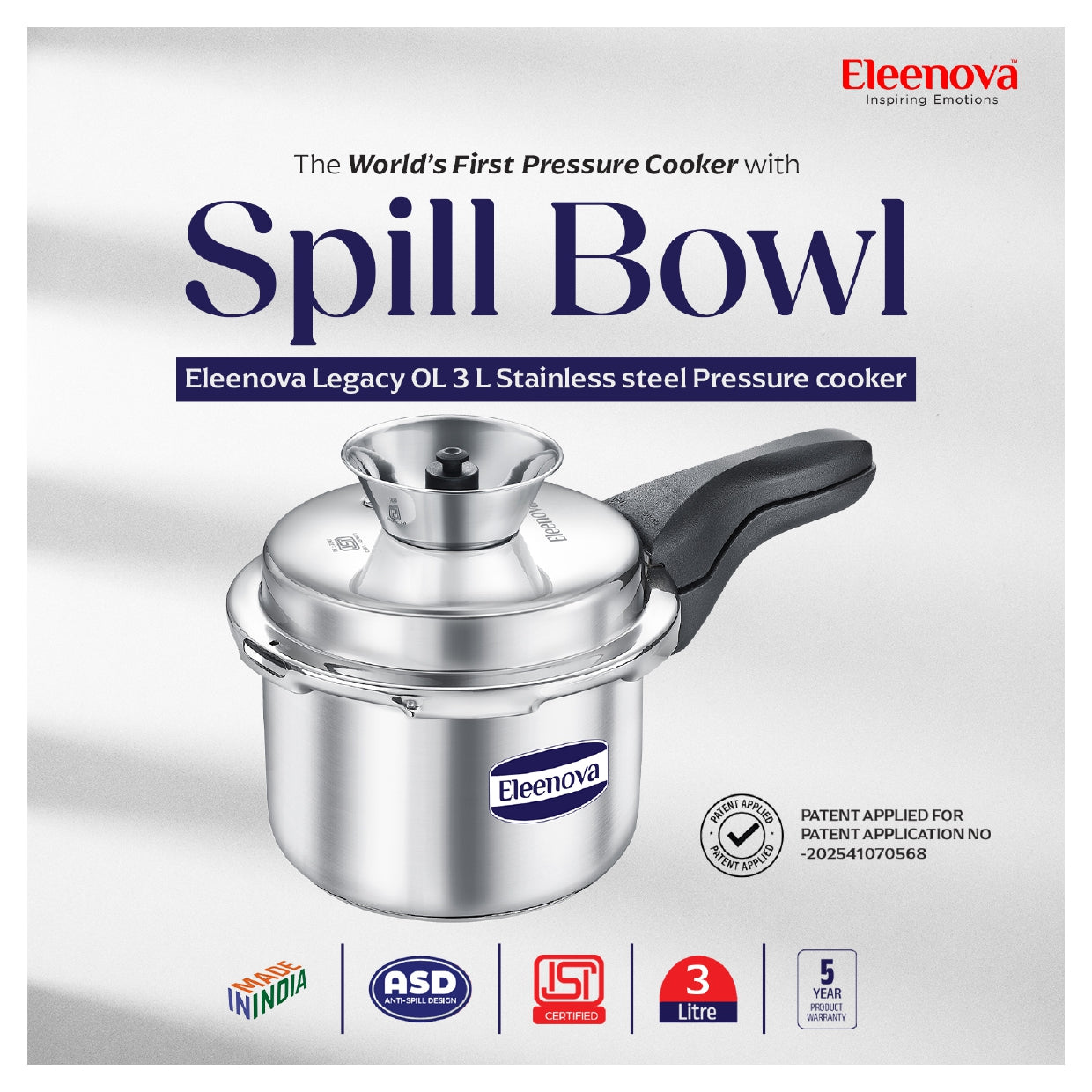 Eleenova Stainless Steel Pressure Cooker 3 L | World's First Pressure Cooker with Spill Bowl- Patent Applied | 5 Year Warranty | ISI Certified | High Quality Stainless Steel | Metallic Safety Plug | Food Safe Nitrile Gasket | Serves 3-4 People