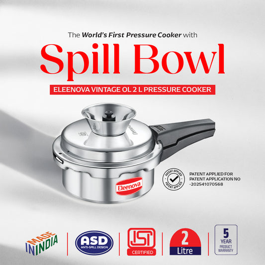 Eleenova Vintage Aluminium Pressure Cooker 2 L|World First Pressure Cooker with Spill Bowl - Patent Applied| Gas Stove Compatiable | 5 Year Warranty | Superior Quality Aluminium | ISI Certified | Food Safe Nitrile Gasket | Outer Lid -Alu 2 L