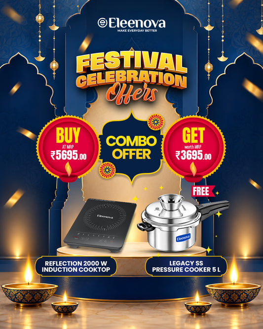 Buy Eleenova Reflection 2000W Induction Cooktop + Get FREE Eleenova Legacy Stainless Steel 5L Pressure Cooker  | Festival Combo Offer-Hurry Up Offer ends Soon