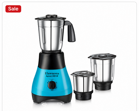 Eleenova Ayush Mixer Grinder 500W | 3 Stainless Steel Jars | Heavy-Duty Motor | Stainless Steel Blades | Durable ABS Body | Ergonomic Easy-Grip Handles | Overload Protection | ISI Certified | 5 Year Motor Warranty