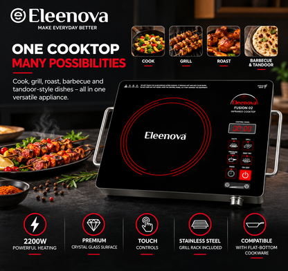 Eleenova Fusion 02 Infrared Cooktop 2200W | Premium Crystal Glass Top | Touch Control | Fast & Even Heating | Compatible with Flat-Bottom Cookware | Stainless Steel Grill Rack | Grill, Barbecue, Roast & Tandoor | 1 Year Warranty